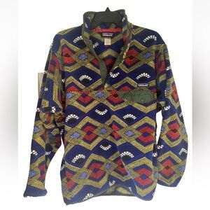 Vintage Patagonia Printed Synchilla Snap-T Slowfoot Aztec Print Cobalt Blue